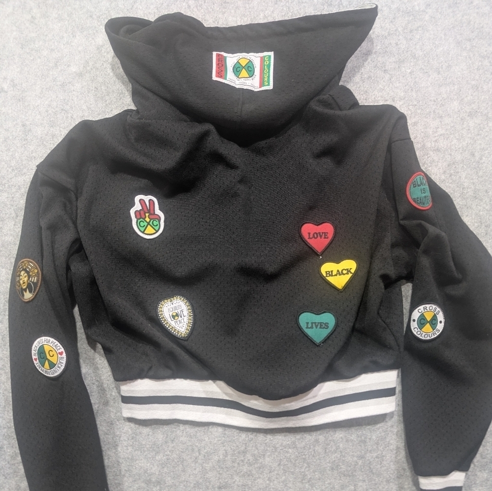 Cross Colors Colours Cropped Zip up Mesh Hoodie Streetwear Black Patches Medium - Picture 2 of 8